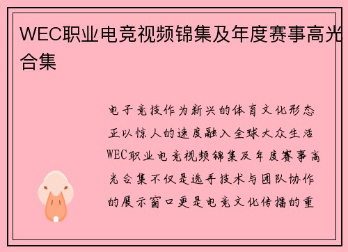 WEC职业电竞视频锦集及年度赛事高光合集